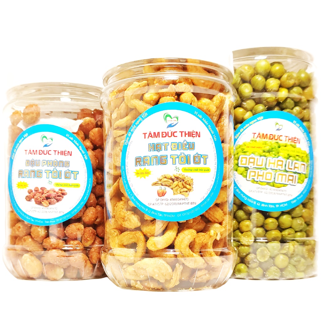 Combo 3 Hộp: Hạt Điều Rang Tỏi Ớt[Nguyên Liệu Sạch]+ Đậu Phộng Rang Tỏi + Hà Lan Sấy Phô Mai Tâm Đức Thiện