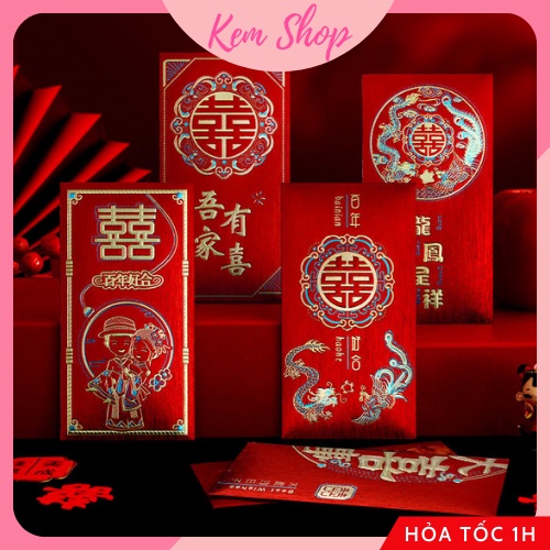 Bao lì xì chữ hỷ trao duyên họa tiết long phượng giấy nhũ cao cấp dùng cho đám cưới, ăn hỏi đại lễ - Kem Shop K286