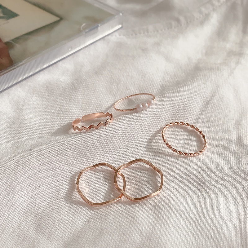 Set 5 nhẫn đeo ngón tay nhiều kiểu dáng đính ngọc trai nhân tạo sang trọng thời trang dành cho nữ