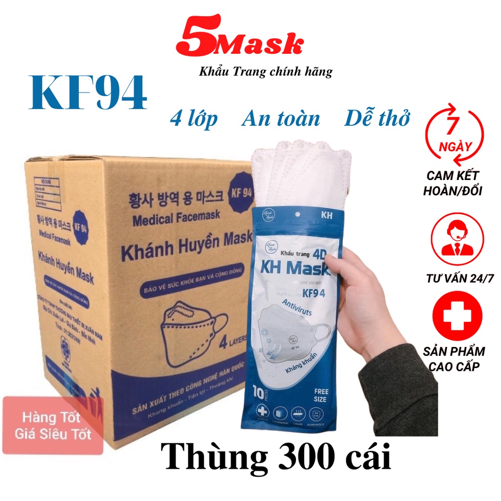Thùng 300 Cái Khẩu Trang KF94 Khánh Huyền, 4 Lớp, Chống Bụi Mịn, Kháng Khuẩn, Công Nghệ Hàn Quốc