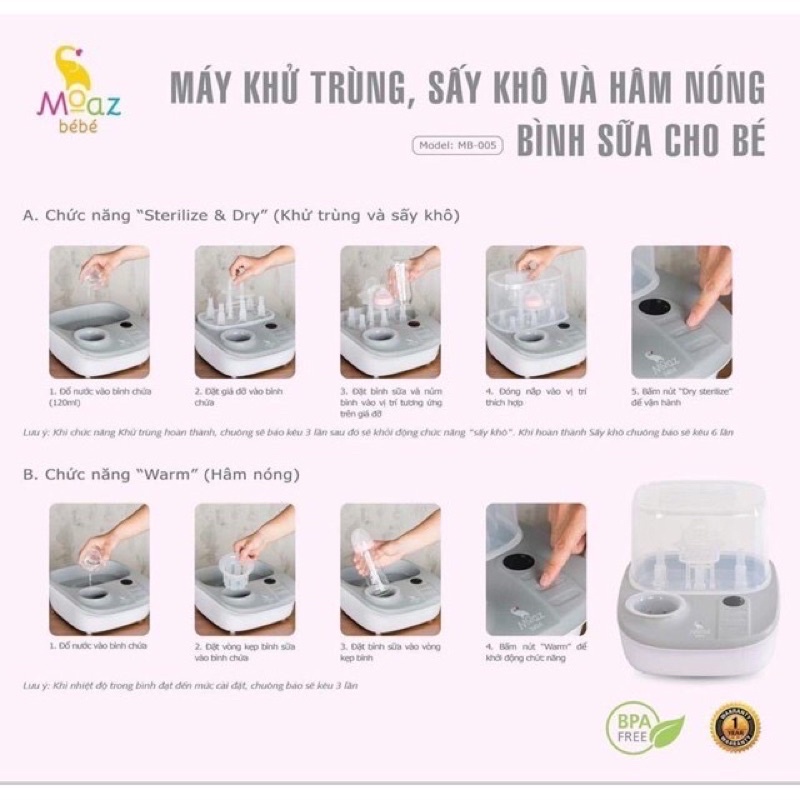 Máy tiệt trùng sấy khô và hâm sữa đa năng moaz bebe mb005