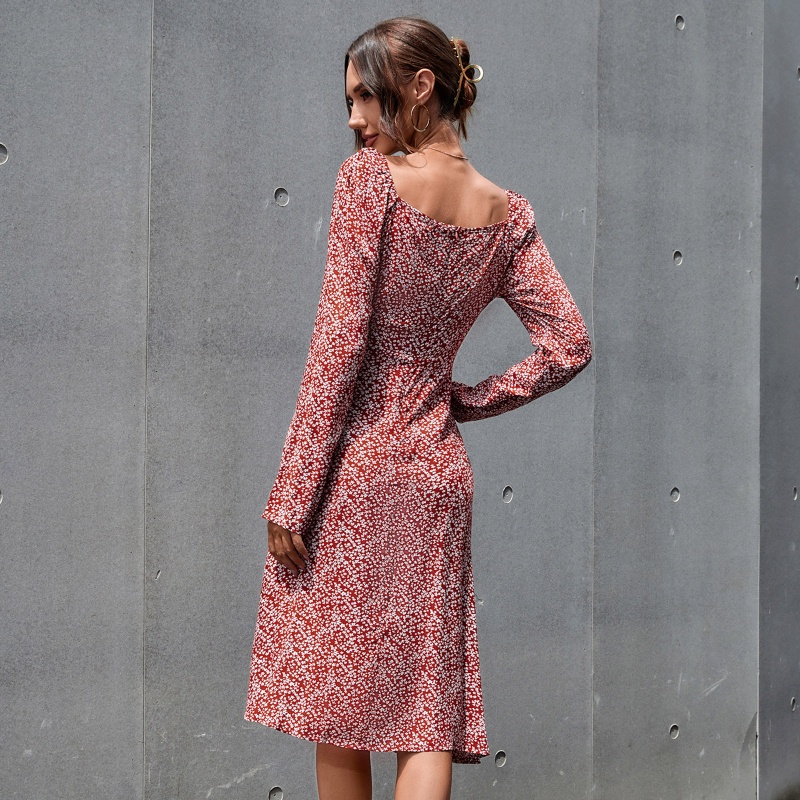 Đầm Midi Dáng Dài Cổ Vuông Tay Dài In Họa Tiết Hoa Sang Trọng Thời Trang Cho Nữ