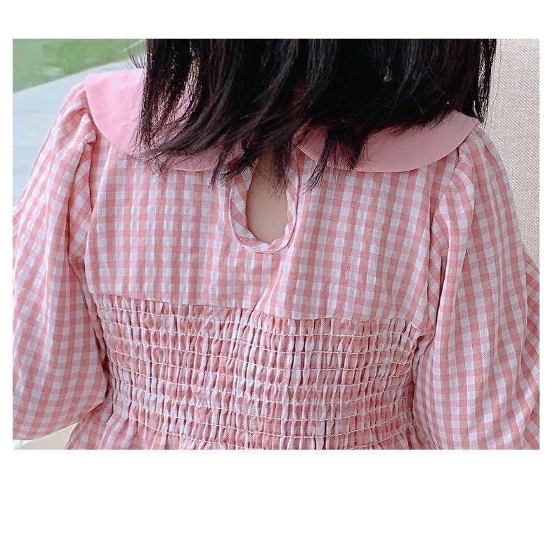 Set áo sơ mi caro dài tay thêu hoa cổ & quần nhiều màu cho bé gái  N00921