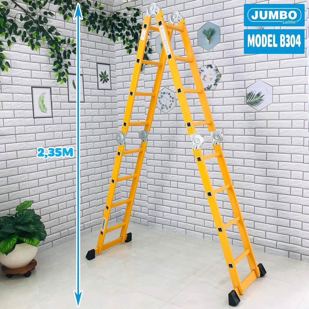 Thang Đa Năng, Thang nhôm gấp 4 đoạn Jumbo B304 SƠN VÀNG TĨNH ĐIỆN chữ A: 2.35m I: 4.7m - Tải 300KG - BH 24 THÁNG