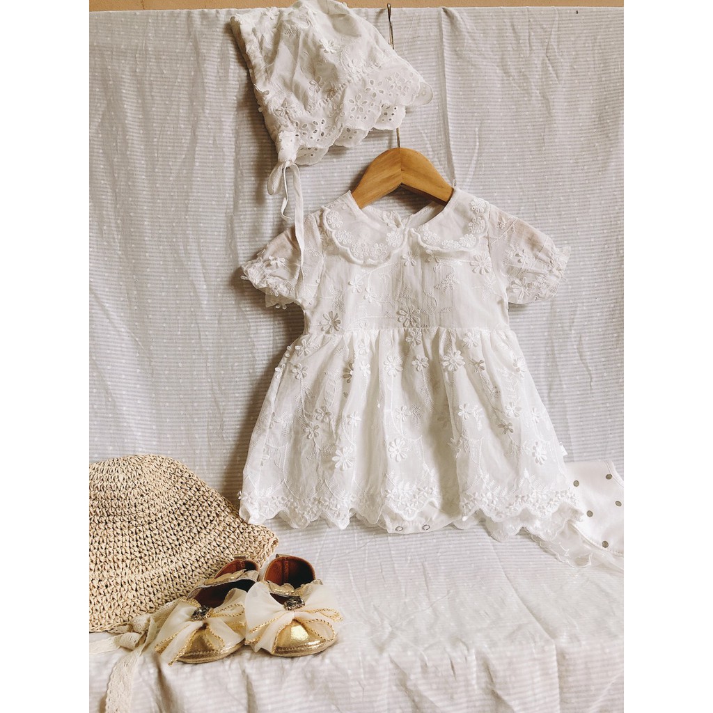 (Tặng Mũ Bèo) Váy ren đính hoa trắng kèm mũ bèo tiểu thư xinh xắn cho bé 0-3 tuổi hàng cao cấp