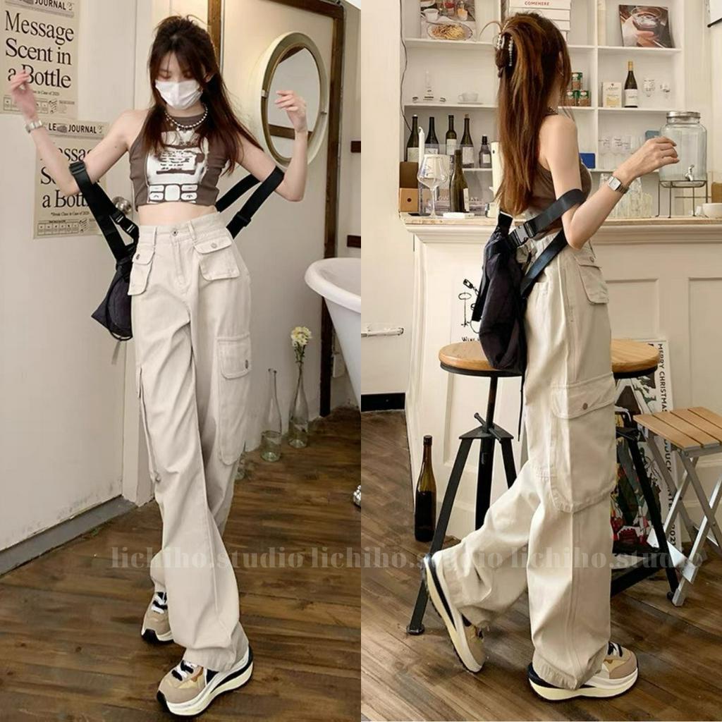 Quần ống suông dài cạp lưng cao thiết kế sáu túi cổ điển quần kaki cargo pants năng động unisex LCH
