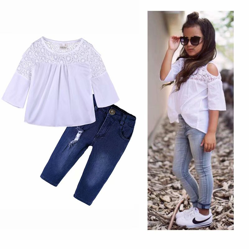 Set Áo Sơ Mi Trắng Phối Quần Jeans Đáng Yêu Cho Bé Gái