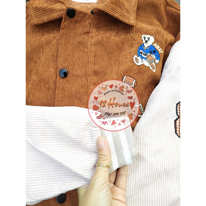 Áo khoác bomber unisex thêu gấu teddy / Áo khoác nam nữ nhung tăm thêu gấu bóng chày cá tính