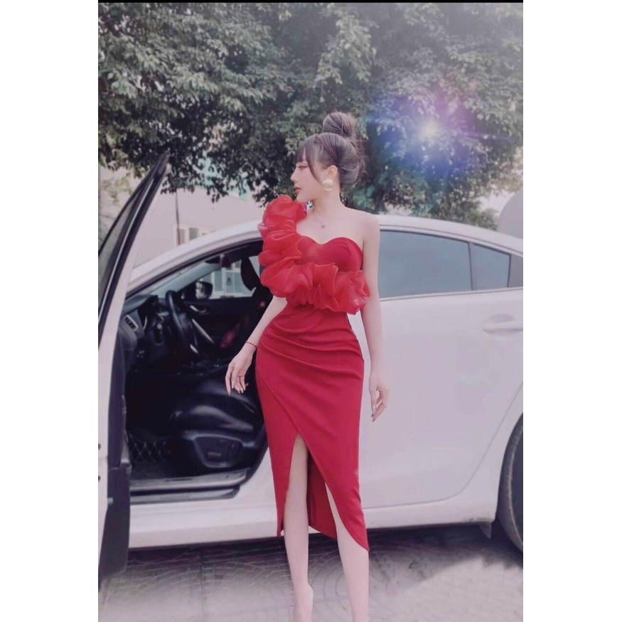 Đầm body cúp ngực phối voan tơ ( có mút ) xẻ tà bên hong thời trang nữ sexy không kém phần sang trọng