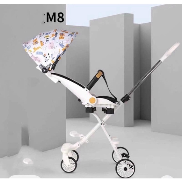Xe đẩy M8 gấp gọn đi dạo 2 chiều ghế ngả có đệm + mái full phụ kiện