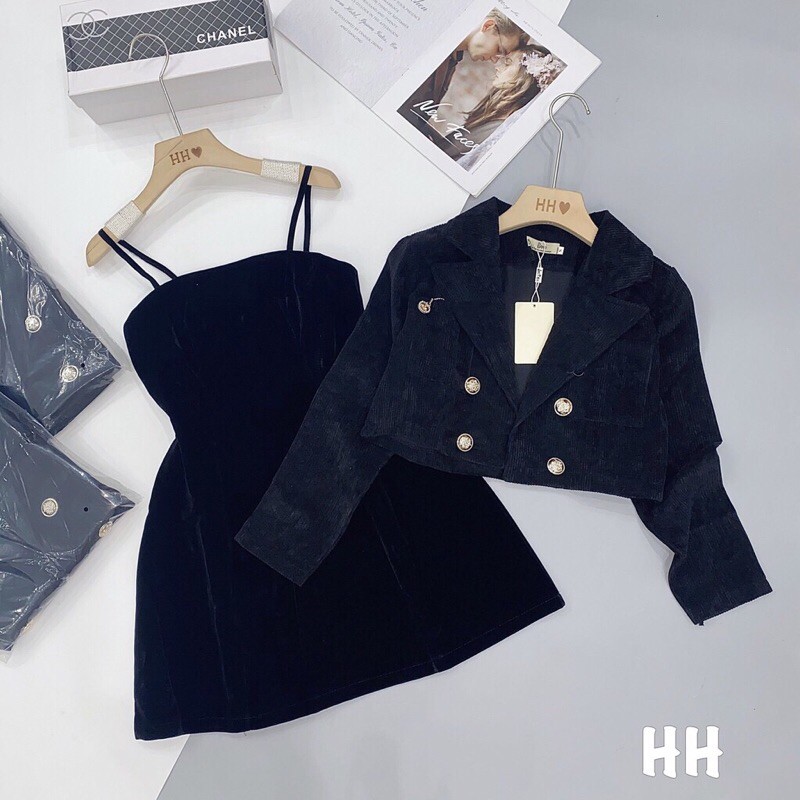 Set VÁY 2s nhung+ áo vest kèm dây