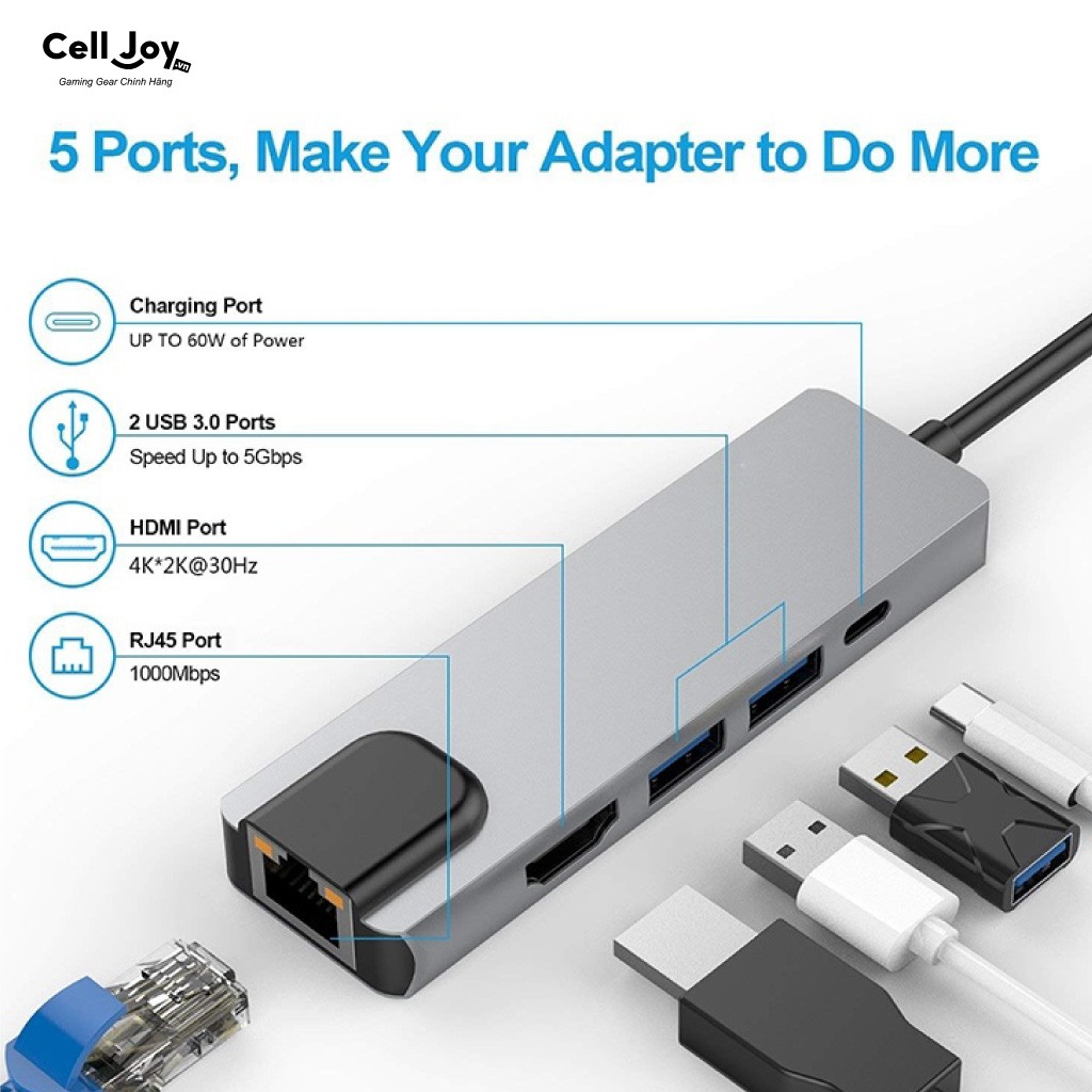 Hub chuyển đổi Type-C cho Macbook Air/ Pro/ iPad/ Surface, điện thoại 5in1 adapter to HDMI/ USB 3.0/ Ethernet LAN/ USB-C