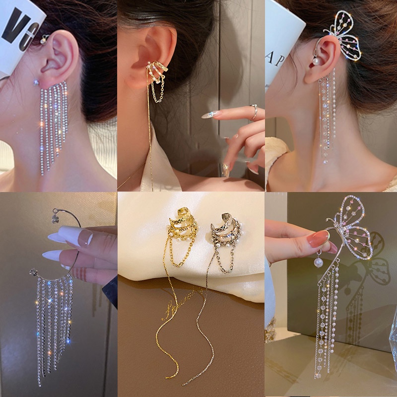 Bông tai dáng dài hình bướm đính đá phối tua rua phong cách sang trọng