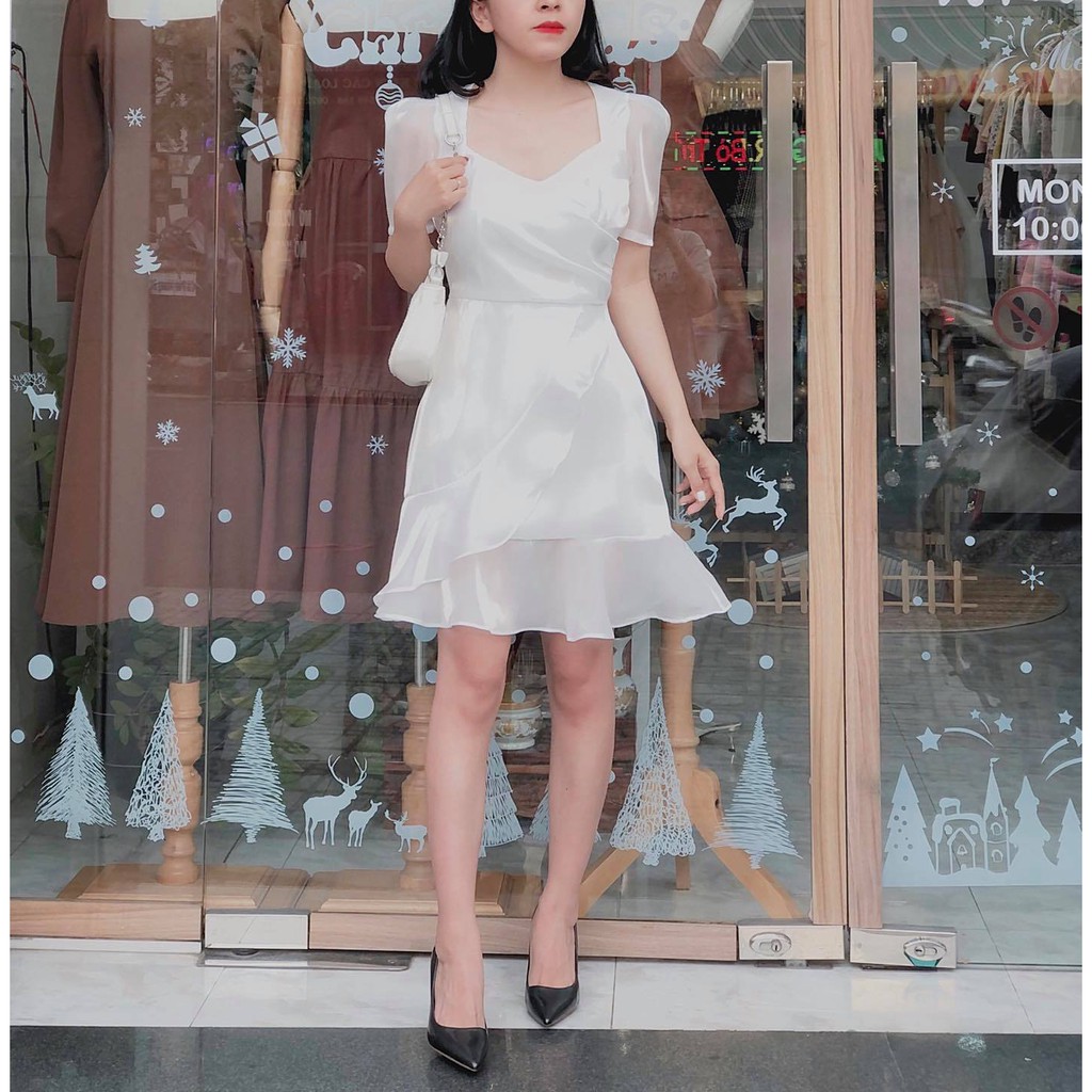 Đầm trắng phi lụa tay phồng đuôi bèo  vạt chéo