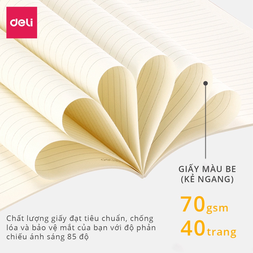 Sổ ghi chép khâu gáy A5 hình chữ Deli 80 trang 70g 1 quyển Nhiều màu lựa chọn giấy kẻ ngang chống lóa bảo vệ mắt cận