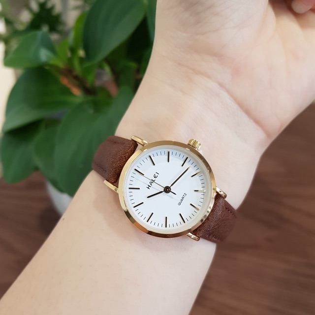 Đồng hồ nữ nam đôi đeo tay dây da chính hãng Halei mạ vàng chống nước thời trang giá rẻ