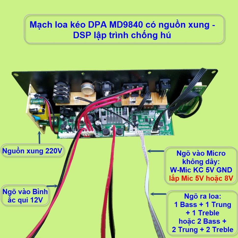 Mạch loa kéo DSP lập trình chống hú IC MD9840 công suất 130W – 150W có nguồn xung 220V - Karaoke và Guitar điện