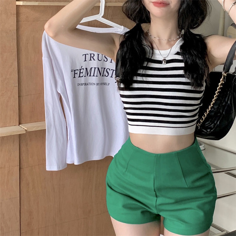 Áo Hai Dây Dáng Ngắn Họa Tiết Kẻ Sọc Màu Sắc Tương Phản Gợi Cảm Thời Trang Mùa Hè Mới Cho Nữ