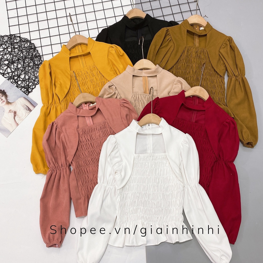 Áo kiểu tay bồng chun thân hở ngực, Áo chun eo dài tay cổ vuông AK1438 - NhiNhi Shop