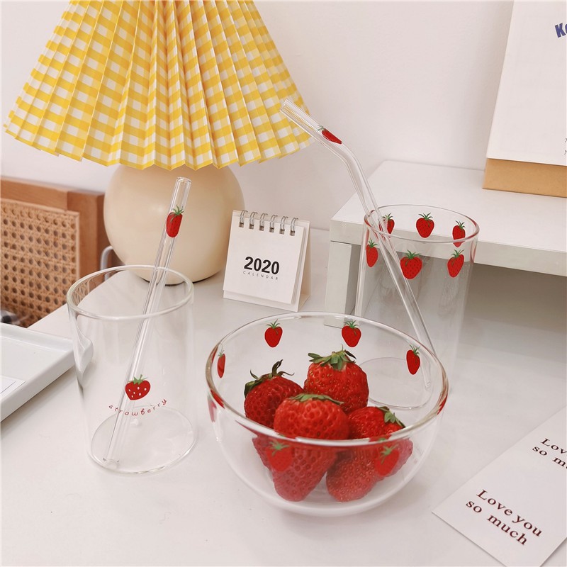 Cốc Ly Thủy Tinh Uống Nước Trà Sữa Trái Dâu Strawberry Đáng Yêu Cute Decor Trang Trí