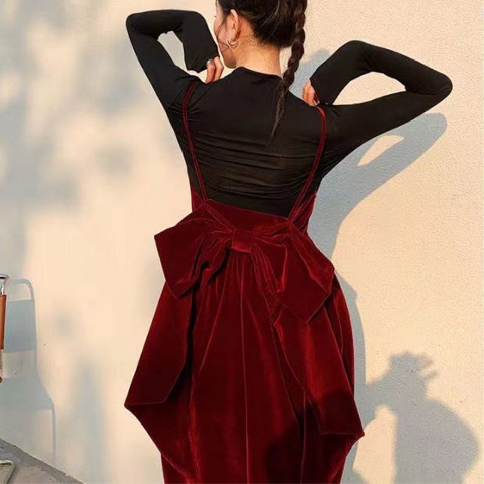 [Chất lượng cao] Đầm nhung hai dây hở lưng hình bướm màu vàng phong cách Pháp thanh lịch retro mùa thu cổ điển cho nữ