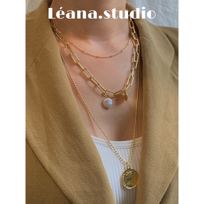 Vòng cổ Layer ba lớp mặt đồng xu cỡ to màu vàng Gold Léana.studio