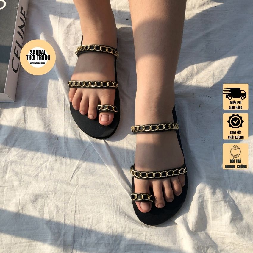 Dép sandal nữ xỏ ngón đi chơi, đi học xích đen/trắng full size 30-44 nam nữ SANDALTHOITRANG [ẢNH THẬT 100%]