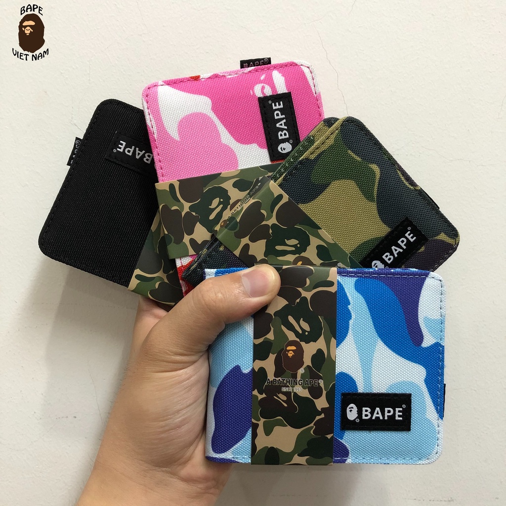 [Ảnh thật] Ví Bape ngắn fullbox hàng Best Quality, Bóp Bape gấp đôi 4 màu Đen, Camo (Green, Blue, Pink) Chất liệu Canvas