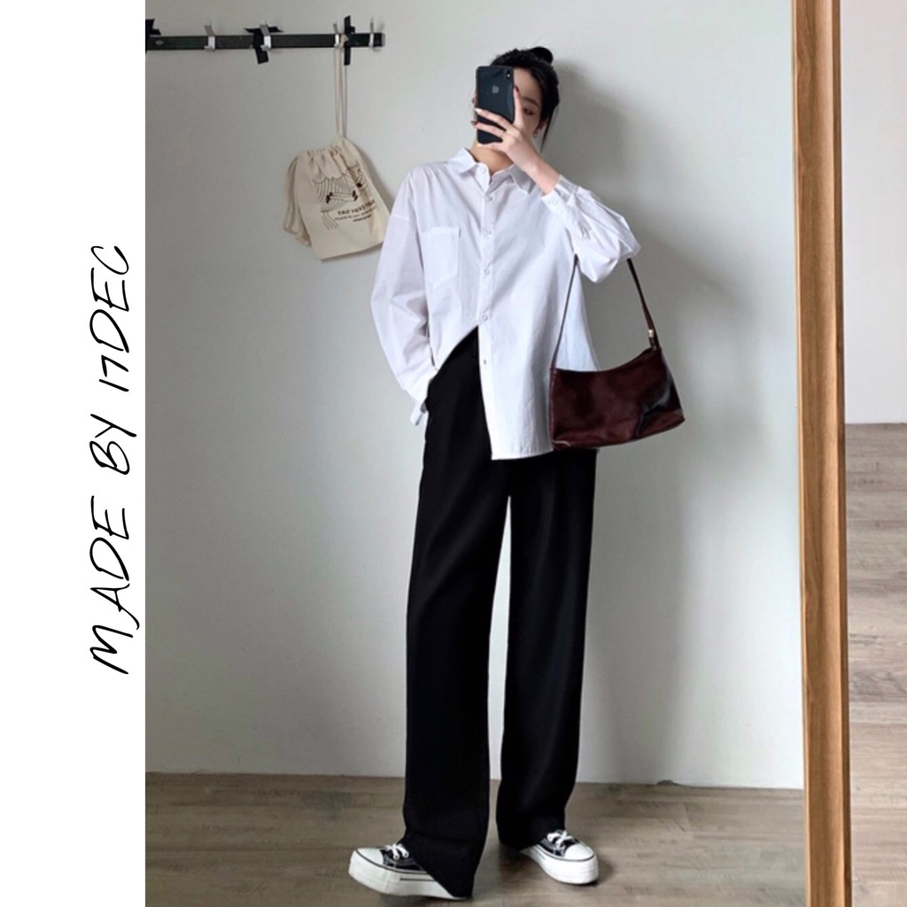 Quần ống rộng khóa hông 17DEC. Quần xuông vải dáng culottes cạp cao cho nữ