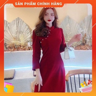 Đầm nữ thiết kế đầm nữ nhung đỏ sườn xám mặc diện tết dự tiệc dạo phố cực xinh