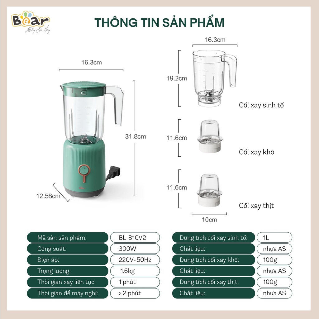 Máy Xay Bear LLJ-C10P1 (BL-B10V2) Kèm 3 Cối Công Suất 300W Dễ Dàng Xay Thịt, Xay Đá, Xay Sinh Tố, Nghiền Hạt