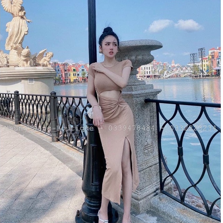 đầm cổ tròn hở eo xoắn ngực chất thun gân mềm k