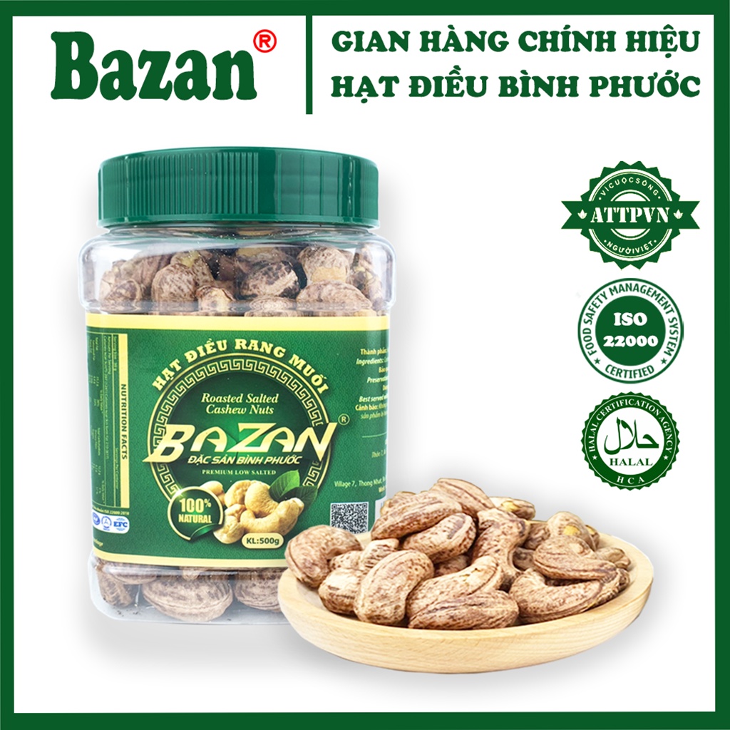 Hạt điều rang muối Bazan Bình Phước nguyên hạt dinh dưỡng A+ loại 1 hộp 500g nắp xanh còn vỏ lụa