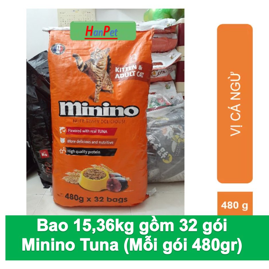 [ Hàng Hot ] Hanpet.GV- HCM- (Bao lớn 20 gói và bao 32 gói) Minino Thức ăn cho mèo mọi lứa tuổi dạng thức an hạt khô cho