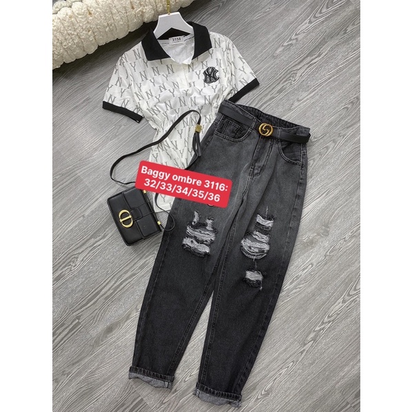 Quần Baggy Cotton Lưng Cao Trên Rốn, Rách Te Tua, Xám Ombre/ĐEN TUYỀN