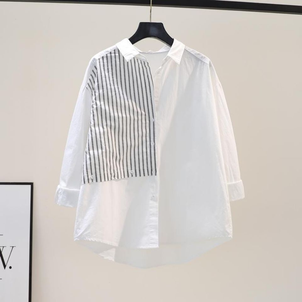 Áo Sơ Mi Dáng Rộng Lưng Ngắn Vải Cotton Cỡ Lớn In Kẻ Sọc Kiểu Hàn Quốc Thời Trang 2022 Cho Nữ