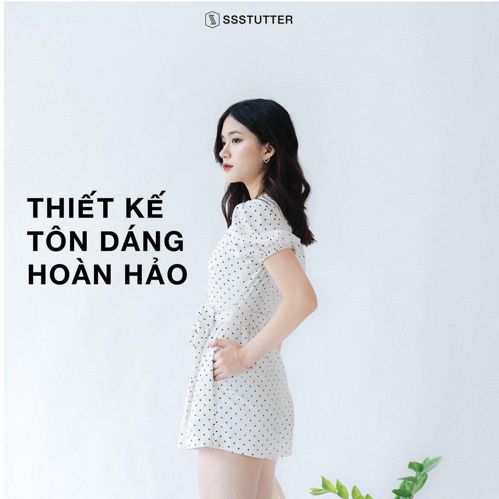 Jumpsuit nữ SSSTUTTER thoáng mát kiểu tay bồng chiết eo thắt nơ dots jumpsuit