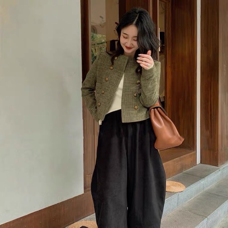Áo khoác dạ tweed cổ điển 2 hàng cúc retro phong cách Hàn Quốc