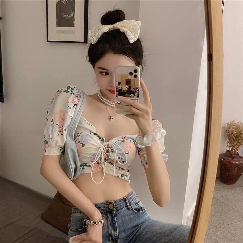 Mới Áo Croptop Tay Ngắn Họa Tiết Hoa Gợi Cảm Cho Nữ