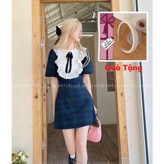 Váy Babydoll Kẻ Tiểu thư Hàn Quốc đính nơ (Tặng Kèm bờm trắng)