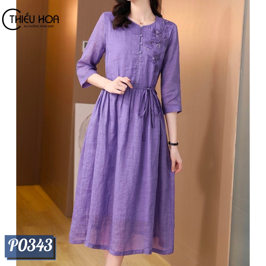 Đầm nữ trung niên thiết kế sang trọng, kiểu dáng thắt eo, thanh lịch, chất liệu cotton thoáng mát Thiều Hoa DD2P0343