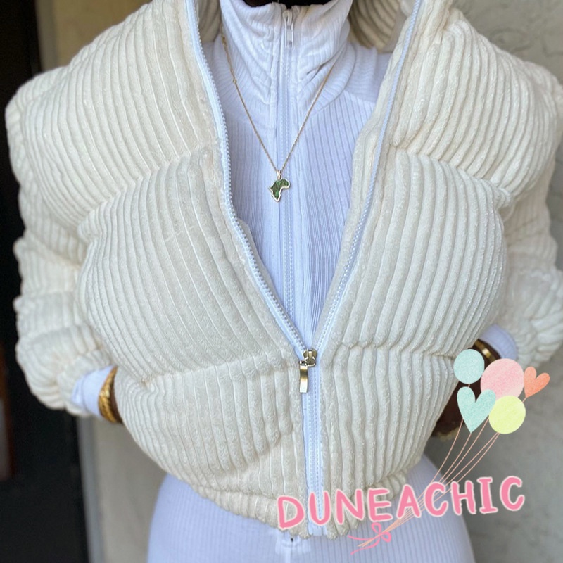 DUNEA Áo Khoác Phao Cổ Lọ Tay Dài Kẻ Sọc Phối Túi Cá Tính Cho Nữ