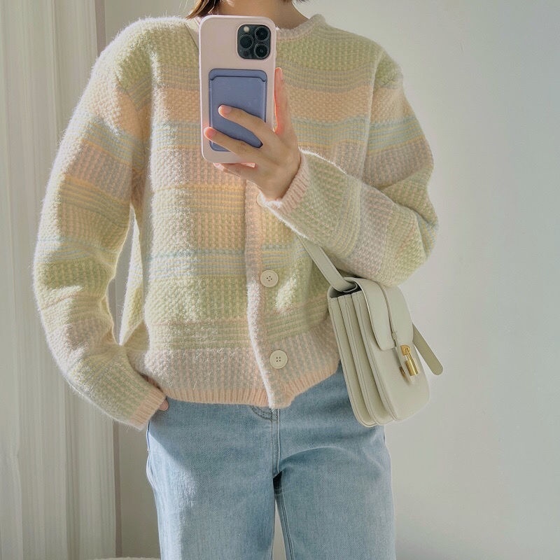 Áo Khoác Cardigan Dệt Kim Dáng Rộng Họa Tiết Kẻ Sọc Màu Sắc Cầu Vồng Xinh Xắn Thời Trang Mùa Đông Cho Nữ