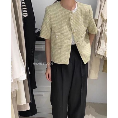 Áo sơ mi note cốm tweed xước trắng cổ tàu tay cộc 2 túi