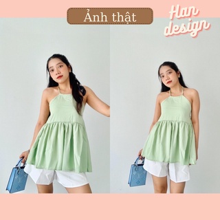 Set áo yếm xanh bơ mix quần short trắng hot trend hè 2022