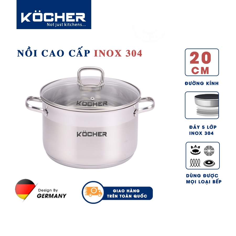 Nồi inox 304 5 đáy cao cấp dùng cho bếp từ KOCHER size 20cm - Hàng nhập khẩu chính hãng