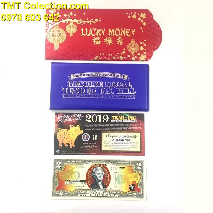 Quà kỷ niệm 2 USD hình con Heo 2019, in hình chú Heo mạ vàng bằng lớp keo vàng phản quang - TLX079