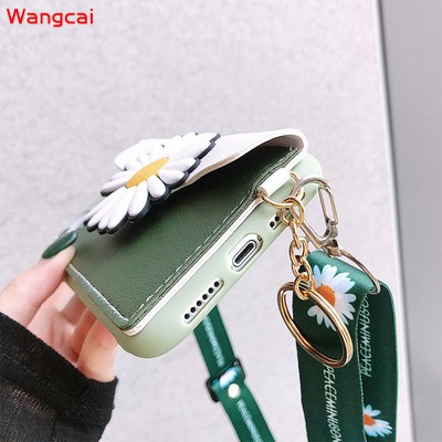 Ốp điện thoại da dạng ví đựng thẻ hình hoa cúc có dây cho Samsung Galaxy A90 A80 A70 A60 A50 A50S A30S A40 A30 A20 A10