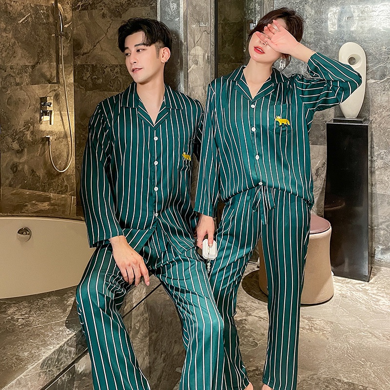 Bộ đồ ngủ dài tay giả lụa lạnh họa tiết kẻ sọc thiết kế độc đáo thời trang xuân thu cho cặp đôi