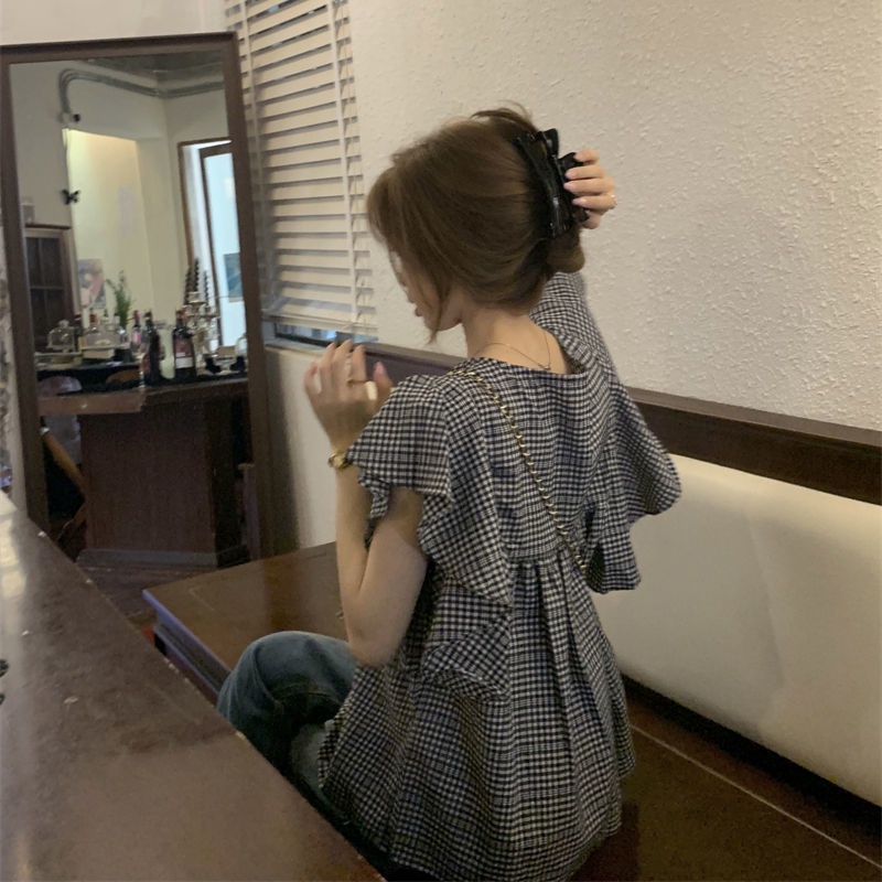 Áo Sơ Mi Tay Cánh Tiên Kẻ Sọc Caro Trắng Đen Dễ Thương Cho Nữ